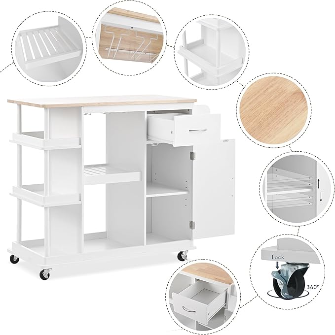 Kitchen Island Cabinet with Side Storage & Rubber Wood Top, Multipurpose Mobile Cart On Wheels w/Wine Rack and Adjustable Shelves for Dining Room, Home, Bar - LeafyLoom