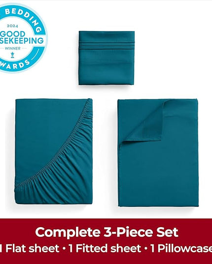 Mellanni Twin Sheets Set - 3 PC Iconic Collection Bedding Sheets & Pillowcases - Hotel Luxury, Extra Soft, Cooling Bed Sheets - Deep Pocket up to 16 inch (Twin, Teal) - LeafyLoom
