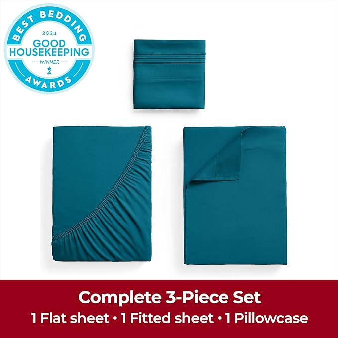 Mellanni Twin Sheets Set - 3 PC Iconic Collection Bedding Sheets & Pillowcases - Hotel Luxury, Extra Soft, Cooling Bed Sheets - Deep Pocket up to 16 inch (Twin, Teal) - LeafyLoom