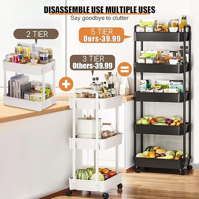 5-Tier Rolling Cart, Multipurpose Utility Cart, Rolling Carts with Lockable Wheels, Storage Cart Craft Cart Organizer for Bathroom Laundry Kitchen,Used as book art snack lash makeup diaper cart,Black - LeafyLoom