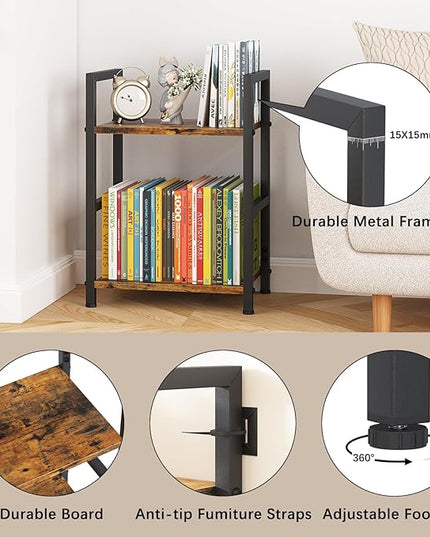 Small Bookshelf for Small Space, 2 Tier Industrial Bookcase,Narrow Book Case Storage Organizer Book Shelf for Living Room, Bedroom and Office, Easy Assembly(2 Tier,Rustic Brown) - LeafyLoom