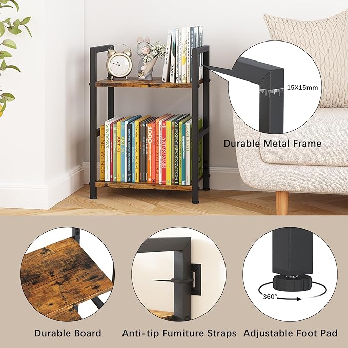 Small Bookshelf for Small Space, 2 Tier Industrial Bookcase,Narrow Book Case Storage Organizer Book Shelf for Living Room, Bedroom and Office, Easy Assembly(2 Tier,Rustic Brown) - LeafyLoom