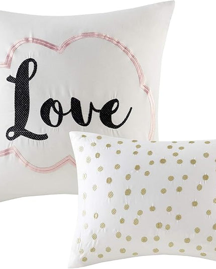 Intelligent Design Raina Comforter Microfiber Metallic Print Geometric Design Embroidered Toss Pillow Modern Trendy Casual All Season Bedding Set Matching Sham, Full/Queen, Blush/Gold 5 Piece - LeafyLoom
