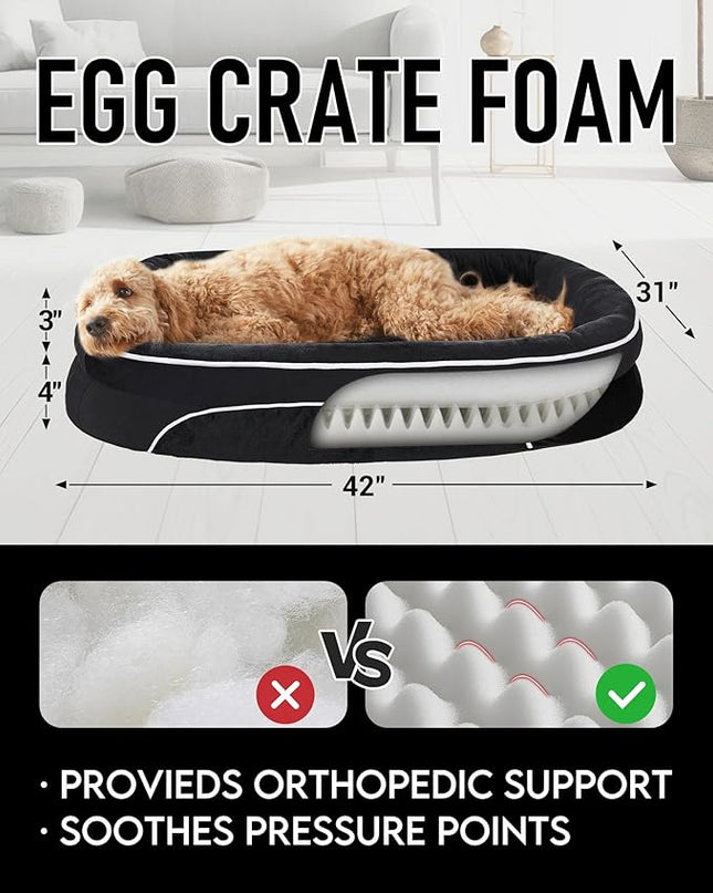 OhGeni Orthopedic Dog Bed Couch for X-Large Sized Pets with Egg Foam Support, Four-Sided Bolster Cushions, Soft Tear-Resistant Fabric, and Removable Machine Washable Plush Cover 42-Inch (Black) OhGeni