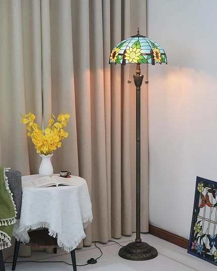 Tiffany Floor Lamp Blue Yellow Sunflowers Stained Glass lamps for Living Room Bedroom Office Lighting Rustic Corner Deco Standing Tall Vintage Kids Aesthetic Mediterranean Style Lamp - LeafyLoom