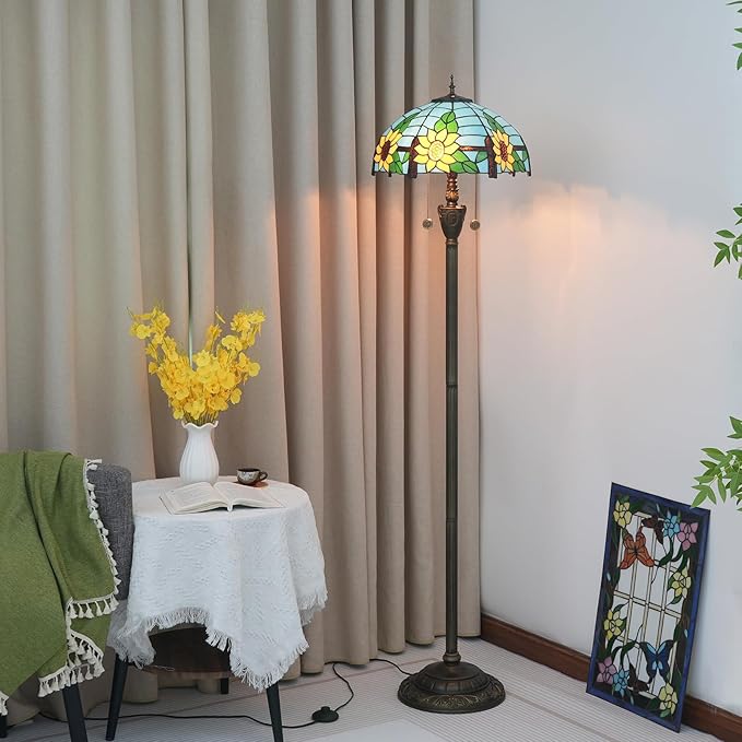 Tiffany Floor Lamp Blue Yellow Sunflowers Stained Glass lamps for Living Room Bedroom Office Lighting Rustic Corner Deco Standing Tall Vintage Kids Aesthetic Mediterranean Style Lamp - LeafyLoom