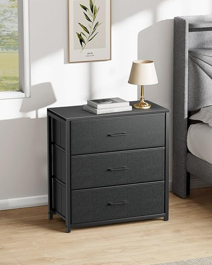 Nightstand with 3 Drawers for Bedroom, Storage Dresser with Fabric Drawers and Metal Frame for Closet, Living Room, Bedside Table with Wood Top, Easy Pull Handle, Black - LeafyLoom