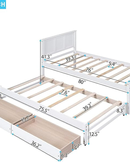 Merax Classic Solid Wooden Bed Farme with Trundle Bed and Drawers Storage Sofa Bed for Living Room Bedroom Guest Room Space Saving,White - LeafyLoom