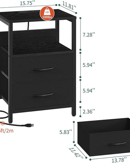 Yoobure Nightstand with Charging Station, Small Night Stand with Fabric Drawers and Storage Shelf for Bedrooms, Nightstands for Small Spaces, Bedside Table with USB Ports & Outlets Bed Side Table - LeafyLoom