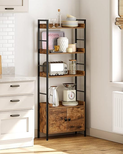 HOOBRO 4-Tier Bookshelf with Doors, Industrial Wooden Bookcase with Storage, Storage Shelf with Protective Rails, for Living Room, Home Office, Rustic Brown and Black BF46SJ01 - LeafyLoom