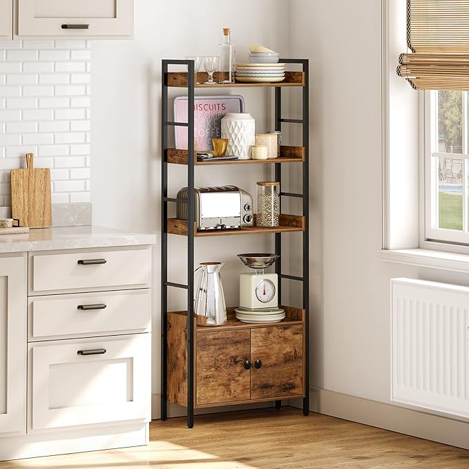 HOOBRO 4-Tier Bookshelf with Doors, Industrial Wooden Bookcase with Storage, Storage Shelf with Protective Rails, for Living Room, Home Office, Rustic Brown and Black BF46SJ01 - LeafyLoom