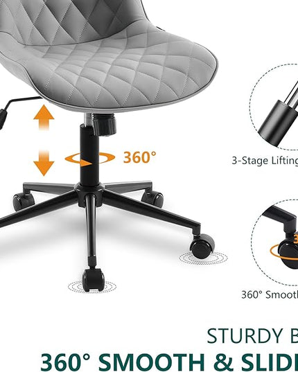 YOUNUOKE Comfortable Desk Chair, Home Office Chairs with Wheels, Armless Samll Comfy Vanity Chairs, PU Leather Computer Task Work Desk Chairs, Gery - LeafyLoom