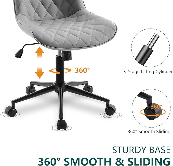 YOUNUOKE Comfortable Desk Chair, Home Office Chairs with Wheels, Armless Samll Comfy Vanity Chairs, PU Leather Computer Task Work Desk Chairs, Gery - LeafyLoom