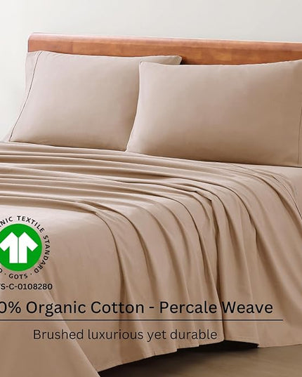 LANE LINEN 100% Organic Cotton Sheets Set Pure Long- Staple Percale Weave - Bedding for Bed Fits Mattress Upto 15" Deep Pocket (Queen Taupe) - LeafyLoom