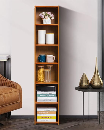 MoNiBloom Tall Slim Narrow Bookcase Bamboo 6 Tier Free Standing Tall Bookshelf Display Storage Shelves Collection Décor Furniture for Home Living Room Study Room, Brown - LeafyLoom