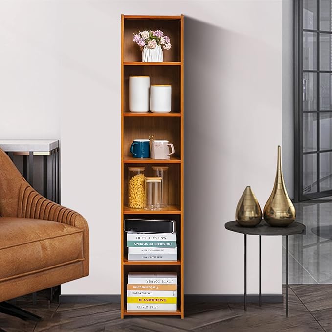 MoNiBloom Tall Slim Narrow Bookcase Bamboo 6 Tier Free Standing Tall Bookshelf Display Storage Shelves Collection Décor Furniture for Home Living Room Study Room, Brown - LeafyLoom
