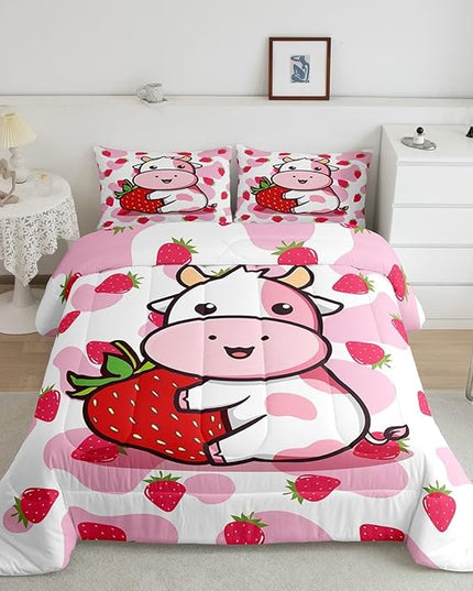 Feelyou Milk Cow Comforter Pink White Cow Strawberry Comforter Set Bedding Set for Kids Adults Kawaii Girls Milk Cow Print Duvet Set Soft Room Decor King Size Quilt Boys - LeafyLoom
