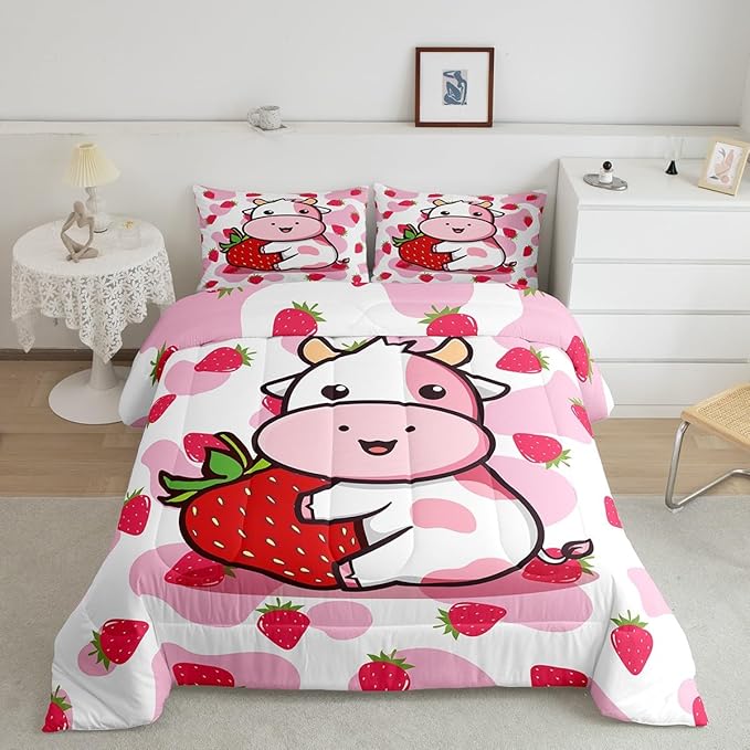 Feelyou Milk Cow Comforter Pink White Cow Strawberry Comforter Set Bedding Set for Kids Adults Kawaii Girls Milk Cow Print Duvet Set Soft Room Decor King Size Quilt Boys - LeafyLoom