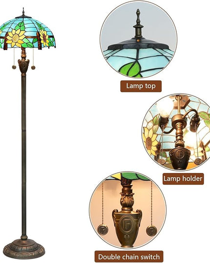 Tiffany Floor Lamp Blue Yellow Sunflowers Stained Glass lamps for Living Room Bedroom Office Lighting Rustic Corner Deco Standing Tall Vintage Kids Aesthetic Mediterranean Style Lamp - LeafyLoom