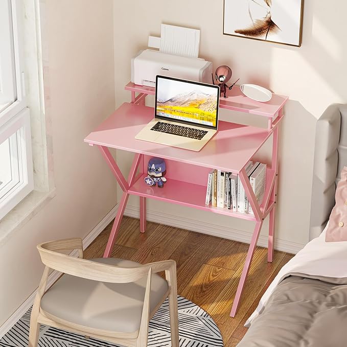 ODK Small Desk, 27.5 Inch Small Computer Desk for Small Spaces, Compact Desk with Storage, Tiny Desk Study Desk with Monitor Stand for Home Office, Pink - LeafyLoom