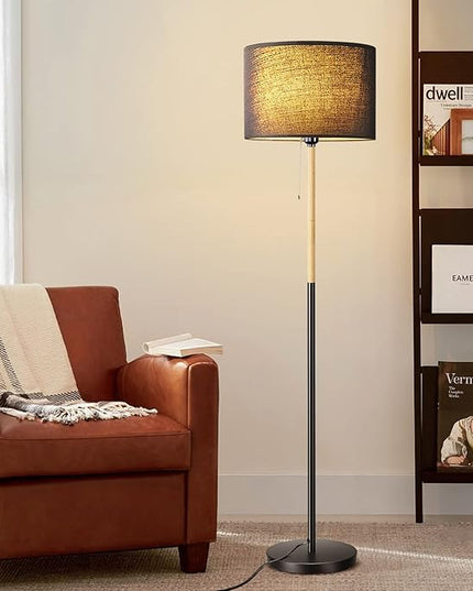 Modern Floor Lamp for Living Room Traditional Farmhouse Floor Lamps Mid-Century Pole Lamp with Linen Lamp Shade, Standing Tall Floor Lamps for Bedrooms and Office (Black) - LeafyLoom