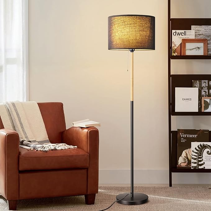 Modern Floor Lamp for Living Room Traditional Farmhouse Floor Lamps Mid-Century Pole Lamp with Linen Lamp Shade, Standing Tall Floor Lamps for Bedrooms and Office (Black) - LeafyLoom
