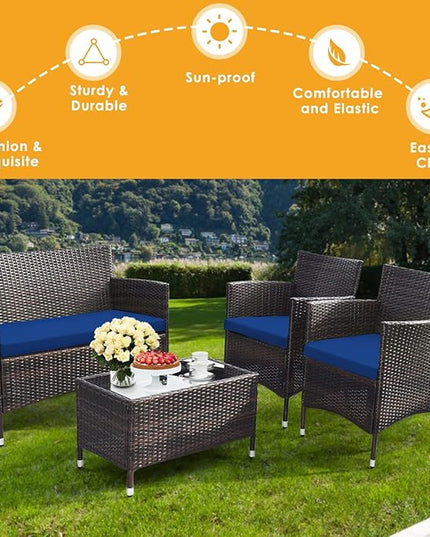 Goplus 4-Piece Rattan Patio Set, Outdoor/Indoor Wicker Conversation Set for Pool, Backyard, Lawn, Wicker Chairs and Sofa with Soft Cushion, Rattan Furniture with Tempered Glass Coffee Table - LeafyLoom
