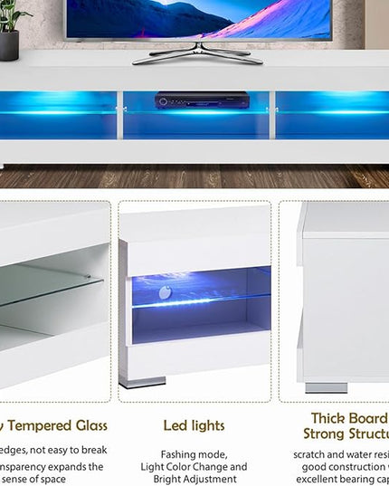 HOMMPA LED TV Stand with LED Lights for 65 inch TV Modern Entertainment Center with Storage 57" White TV Console with Glass Shelves for Living Room 15" Tall - LeafyLoom