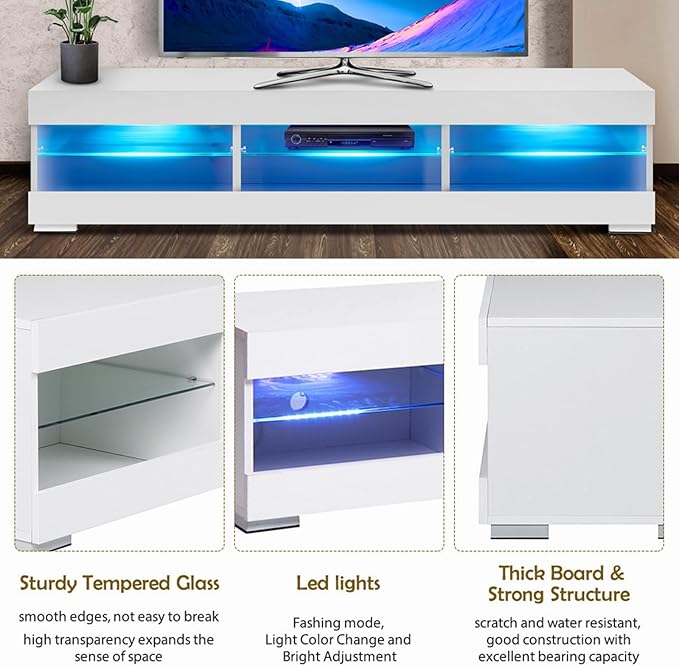 HOMMPA LED TV Stand with LED Lights for 65 inch TV Modern Entertainment Center with Storage 57" White TV Console with Glass Shelves for Living Room 15" Tall - LeafyLoom