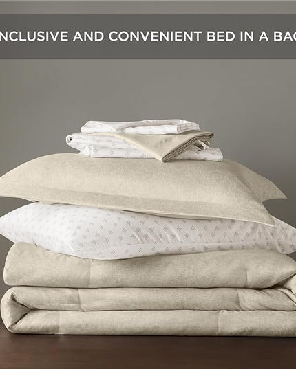 7 Pieces Beige Bedding Sets with Comforter, Modern Farmhouse Bed in a Bag Queen Size, Solid Lightweight Comforter Set with Sheets, Pillowcases & Shams - LeafyLoom