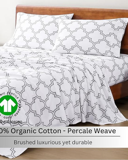 LANE LINEN 100% Organic Cotton Sheets Queen, 4-Piece Bed Sheets Queen Size Cotton, Luxury Sheets, Percale Weave,Breathable Bed Sheets Queen Size Deep Pockets Fits Upto 15" - Trellis Silver - LeafyLoom