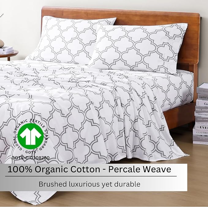 LANE LINEN 100% Organic Cotton Sheets Queen, 4-Piece Bed Sheets Queen Size Cotton, Luxury Sheets, Percale Weave,Breathable Bed Sheets Queen Size Deep Pockets Fits Upto 15" - Trellis Silver - LeafyLoom