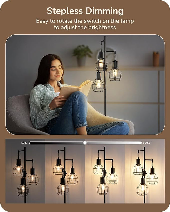 EDISHINE Dimmable Farmhouse Floor Lamp, Industrial Standing Lamp for Living Room, 3 LED Edison Bulbs Included, Black Corner Rustic Tall Tree Reading Lamps Home Decor for Bedroom, Office - LeafyLoom