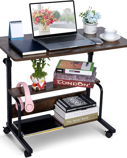 Portable Desk Small Desks for Small Spaces Laptop Table Rustic Rolling Adjustable Desk on Wheels Mobile Couch Desk for Bedroom Home Office Computer Standing Desk Student Desk with Storage 32x16 Inch - LeafyLoom