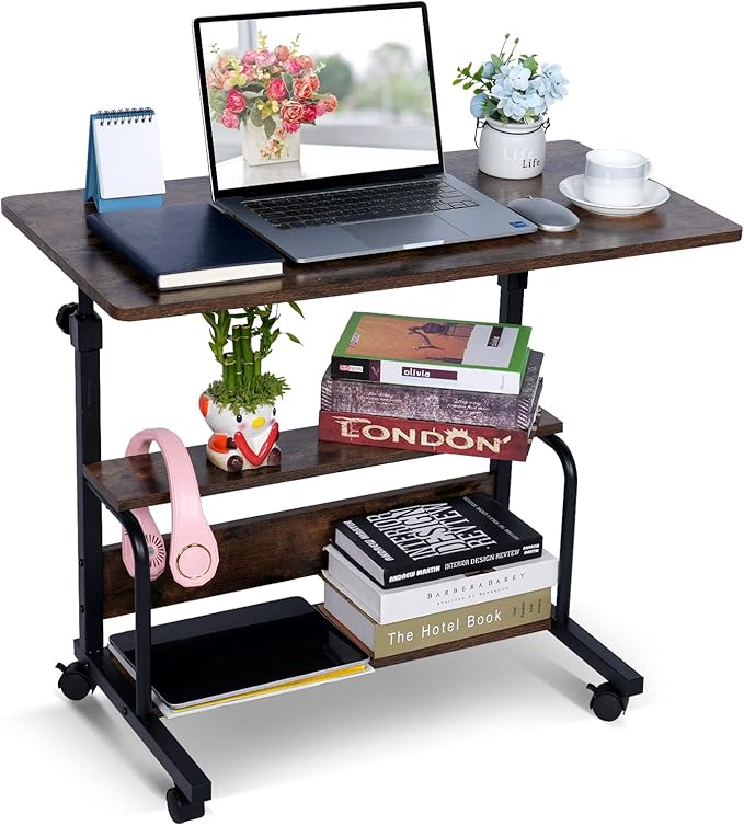 Portable Desk Small Desks for Small Spaces Laptop Table Rustic Rolling Adjustable Desk on Wheels Mobile Couch Desk for Bedroom Home Office Computer Standing Desk Student Desk with Storage 32x16 Inch - LeafyLoom