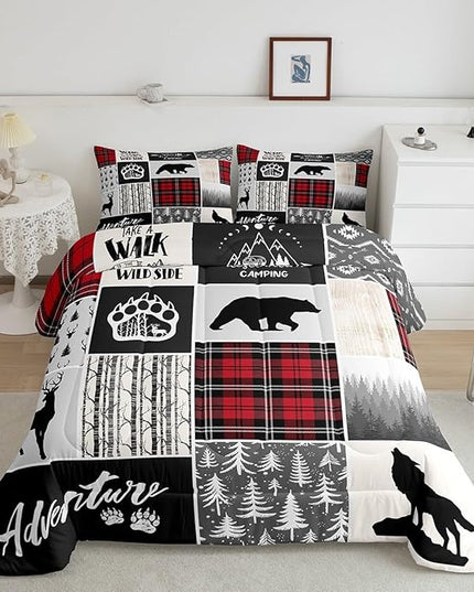 Deer Antlers Comforter Set Twin Size,Bear Paws Pine Trees Xmas Bedding Set for Kids Boys Girls Adults Room Decor,Lattices Patchwork Rustic Farmhouse Down Comforter,Red Duvet Insert,1 Pillowcase - LeafyLoom