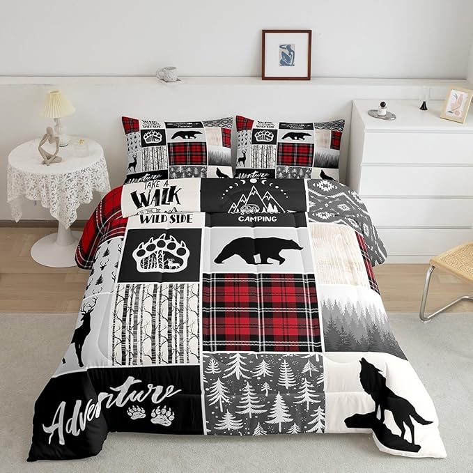 Deer Antlers Comforter Set Twin Size,Bear Paws Pine Trees Xmas Bedding Set for Kids Boys Girls Adults Room Decor,Lattices Patchwork Rustic Farmhouse Down Comforter,Red Duvet Insert,1 Pillowcase - LeafyLoom