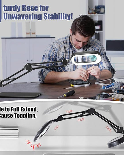 10X Square Magnifying Glass with Light and Stand, Real Glass LED Lighted Magnifier, 5 Color Modes Stepless Dimmable, Hands-Free Mag Desk Lamp with Clamp for Reading Craft Hobby Close Work - LeafyLoom
