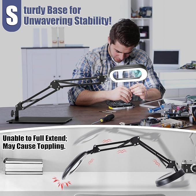 10X Square Magnifying Glass with Light and Stand, Real Glass LED Lighted Magnifier, 5 Color Modes Stepless Dimmable, Hands-Free Mag Desk Lamp with Clamp for Reading Craft Hobby Close Work - LeafyLoom