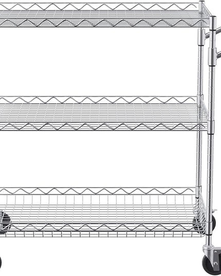 VEVOR Kitchen Utility Cart, 3 Tiers, Wire Rolling Cart with 661 LBS Capacity, Steel Service Cart on Wheels, Metal Storage Trolley with 80 mm Deep Basket Curved Handle 6 Hooks, NSF Listed - LeafyLoom