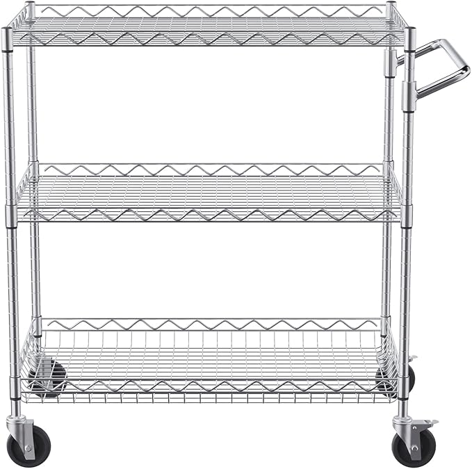 VEVOR Kitchen Utility Cart, 3 Tiers, Wire Rolling Cart with 661 LBS Capacity, Steel Service Cart on Wheels, Metal Storage Trolley with 80 mm Deep Basket Curved Handle 6 Hooks, NSF Listed - LeafyLoom