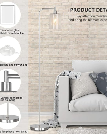 QiMH Industrial Floor Lamp for Living Room, Modern Standing Lamp with HD Glass Lampshade and Pedal Switch, 67” Tall Pole Light for Bedroom Study Room, Brushed Silver (2700K LED Bulb Included) - LeafyLoom