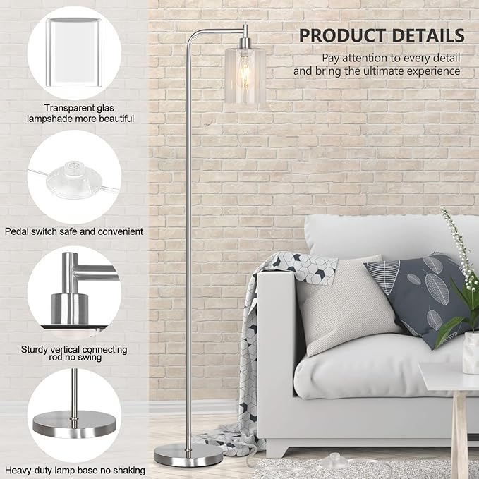 QiMH Industrial Floor Lamp for Living Room, Modern Standing Lamp with HD Glass Lampshade and Pedal Switch, 67” Tall Pole Light for Bedroom Study Room, Brushed Silver (2700K LED Bulb Included) - LeafyLoom