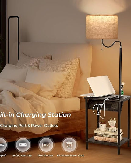FIMEI Floor Lamp with Table, End Table with Charging Station USB Ports & Outlets, Bedside Table 3 Color Temperature Reading Light, Nightstand with Shelves for Living Room Bedroom Apartment, Sage Gray - LeafyLoom