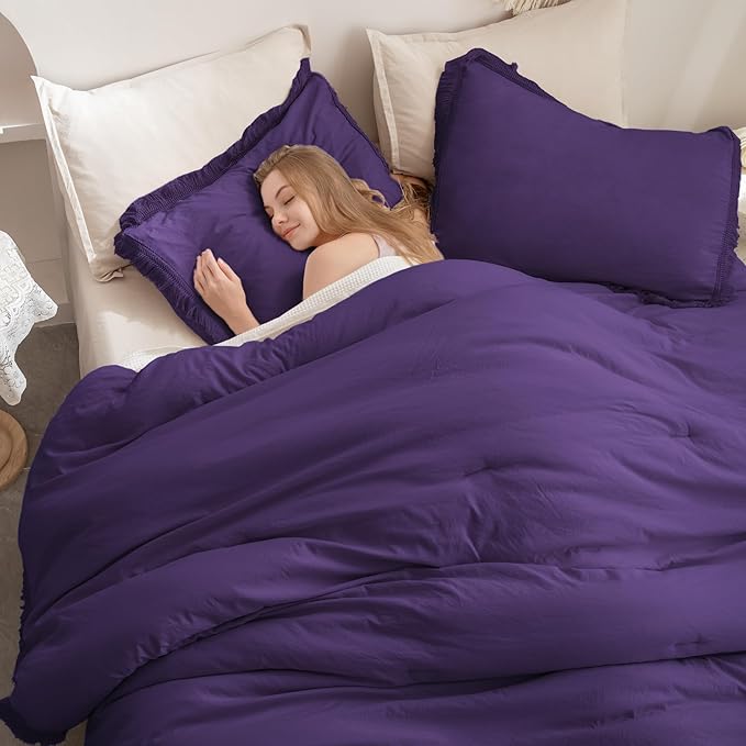 Andency Purple Comforter Set Full, 3 Pieces Boho Tassel Lightweight Bedding Comforter Sets, All Season Soft Fluffy Fringe Bed Set (79x90In Comforter & 2 Pillowcases) - LeafyLoom