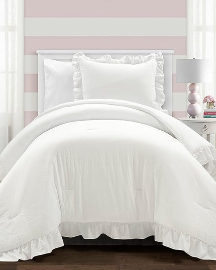 Lush Decor Reyna Ruffle Comforter Set - 2 Piece Cozy Ruffled Bedding Set - Timeless Elegance and Comfort for Dorm Room - Twin XL, Pure White - LeafyLoom