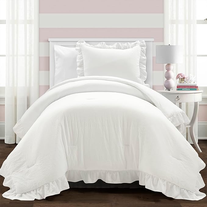 Lush Decor Reyna Ruffle Comforter Set - 2 Piece Cozy Ruffled Bedding Set - Timeless Elegance and Comfort for Dorm Room - Twin XL, Pure White - LeafyLoom