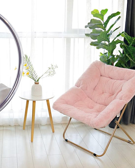 Tiita Comfy Saucer Chair, Soft Faux Fur Oversized Folding Accent Chair, Lounge Lazy Chair for Kids Teens Adults, Metal Frame Moon Chair for Bedroom, Living Room, Dorm Rooms, X-Large Pink - LeafyLoom