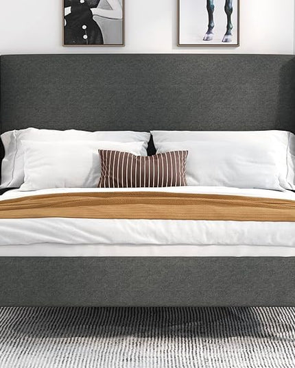 Allewie Queen Bed Frame, Platform Bed Frame Queen Size with Upholstered Headboard, Modern Deluxe Wingback, Wood Slat Support, Mattress Foundation, Light Grey - LeafyLoom