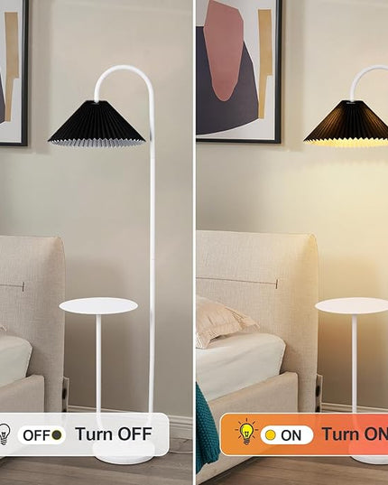 Modern Elegant with Tray Floor Lamp for Office Cafe Den Living Room Bedroom, Foot Switch and White Paint, Black Pleated Cloth Lampshade - LeafyLoom